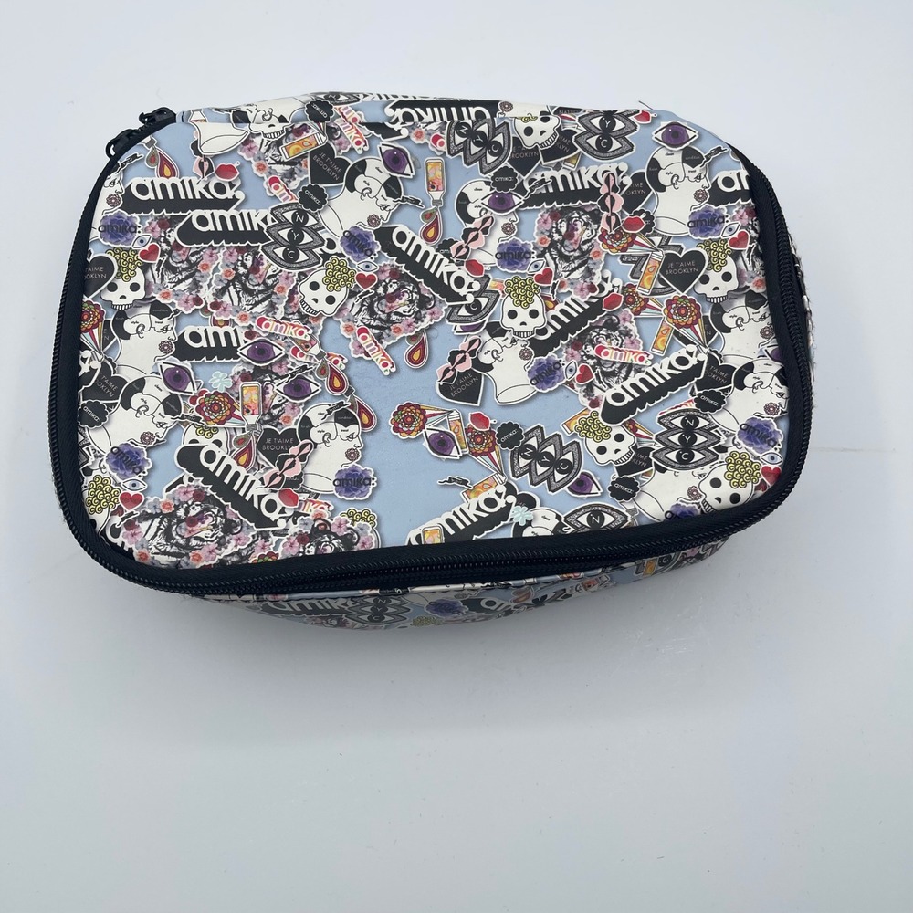 Amika Blue Sticker Bomb Graphic Print Makeup Travel Bag Double Zipper Pouch